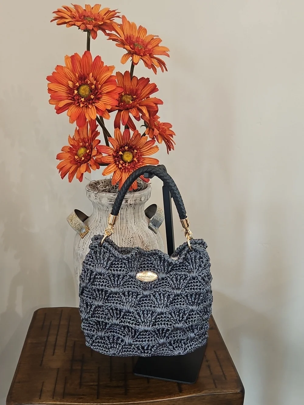Hand Crocheted Gray Bag with Gold And Black Accents - Picture 1 of 4